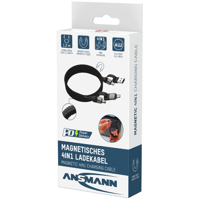 ANSMANN magnetische 4-in-1 data- en oplaadkabel, 1,2 m, zwart