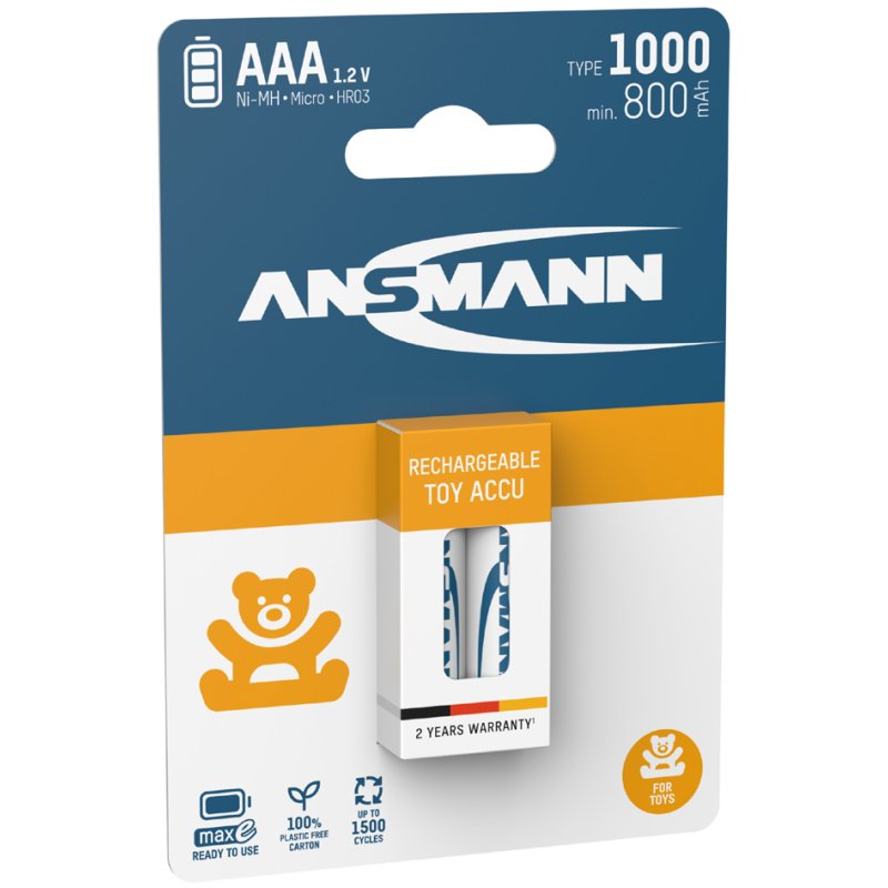 ANSMANN Toy Piles NiMH rechargeables AAA, 1000 mAh, lot de 2