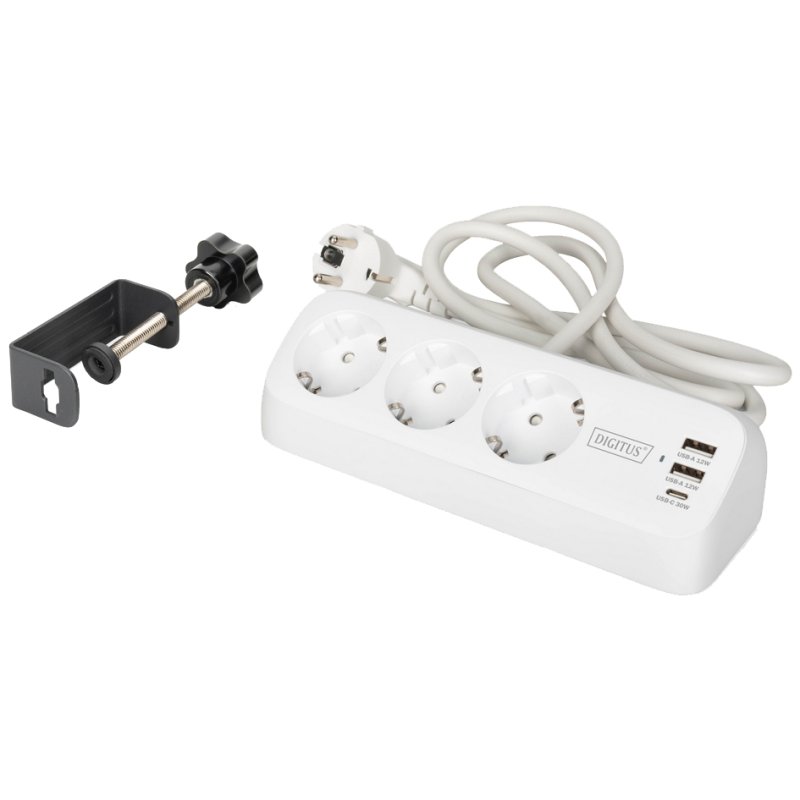 DIGITUS 3-way power strip with 3x USB, white, table mount
