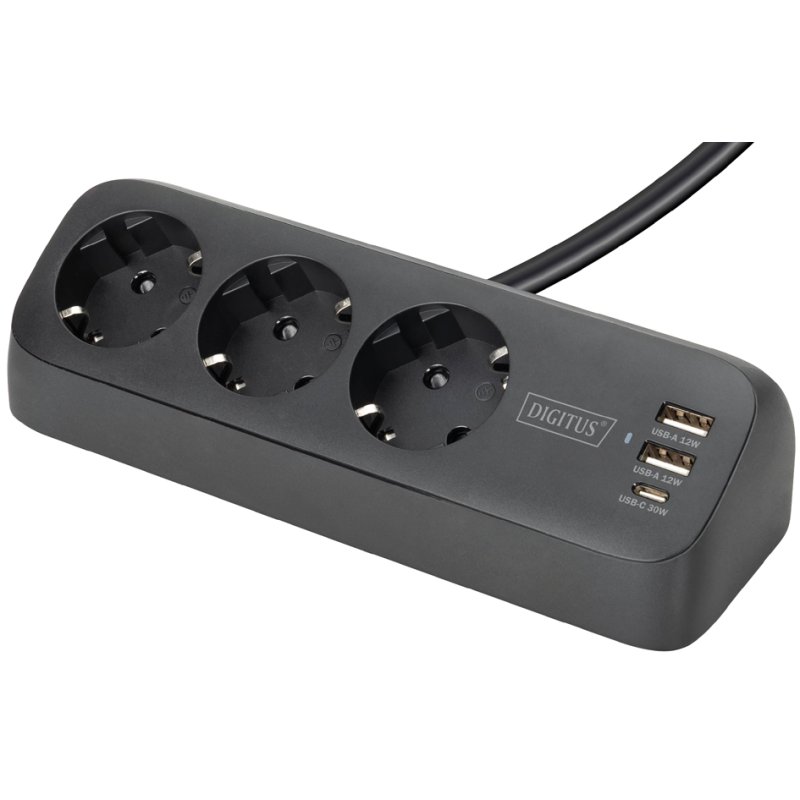 DIGITUS 3-way power strip with 3x USB, white, table mount