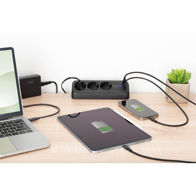 DIGITUS 3-way power strip with 3x USB, white, table mount