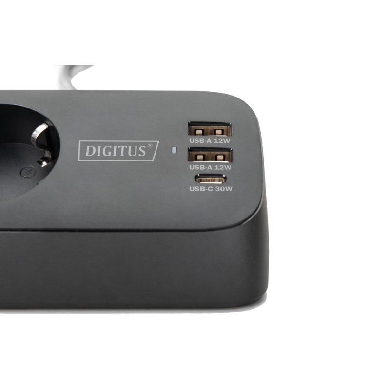 DIGITUS 3-way power strip with 3x USB, white, table mount