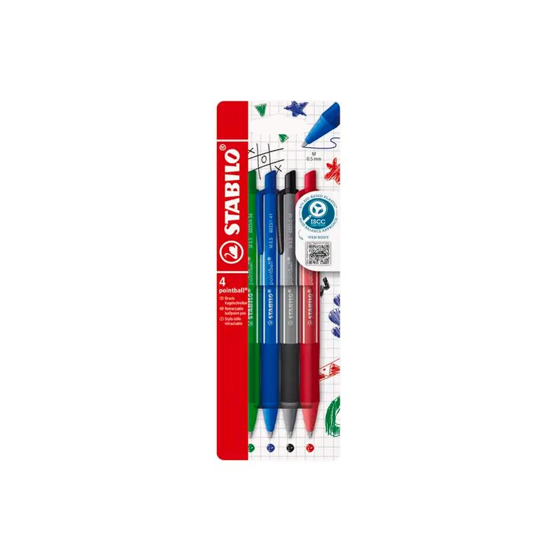 STABILO pointball colorful stylo à bille rétractable, rechargeable, 0,5 mm, 4 pièces