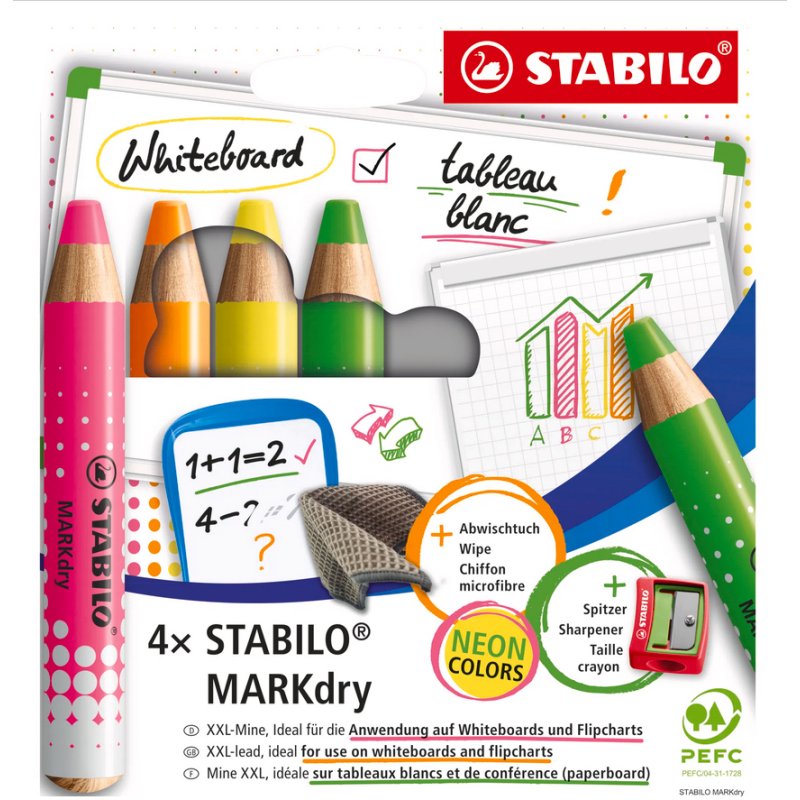STABILO marqueurs pour tableau blanc MARKdry NEON, 4 pièces, couleurs fluo