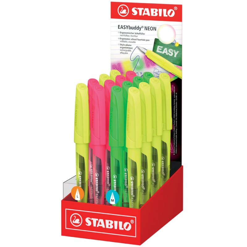 STABILO EASYbuddy NEON L/M fountain pens, neon yellow/neon pink/neon green, 16 pieces display