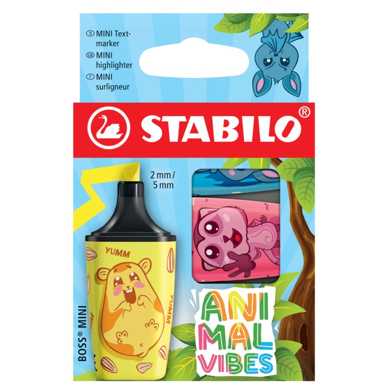 STABILO BOSS MINI Animal Vibes highlighters, wedge tip 2-5 mm, 5 pieces