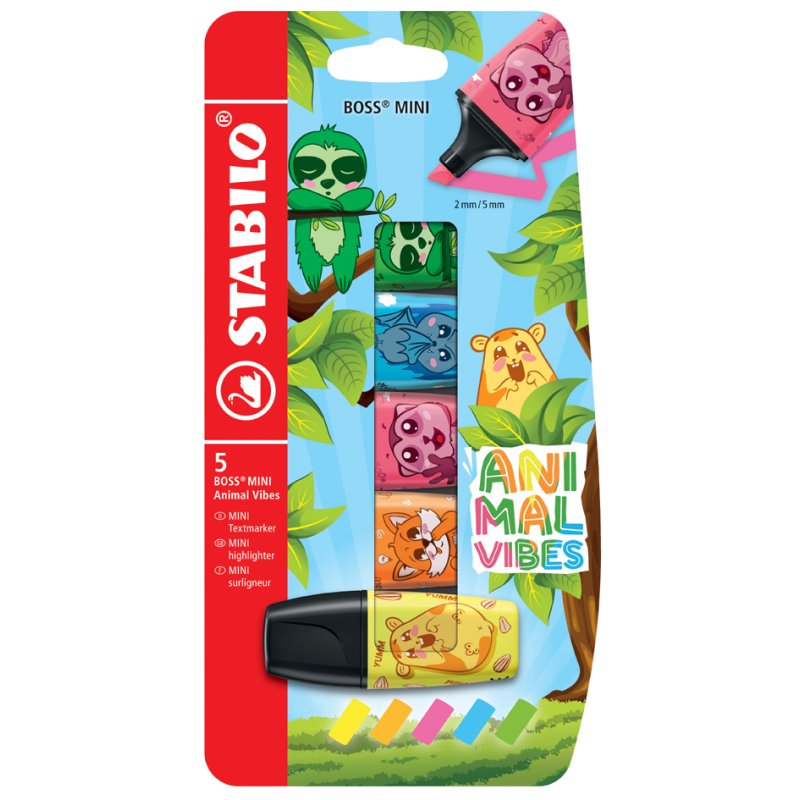 STABILO BOSS MINI Animal Vibes highlighters, wedge tip 2-5 mm, 5 pieces