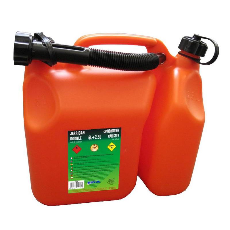 EDA jerrycan met dop, dubbele kamer, 6L brandstof + 2,5L olie, oranje/zwart