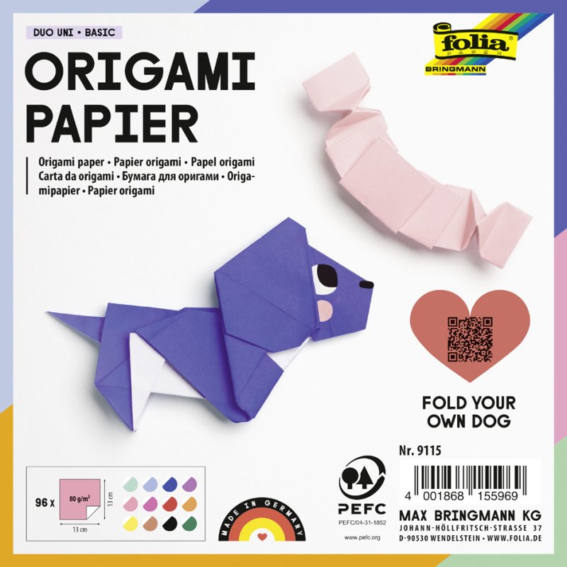 folia origami papier, 100×100 mm, 12 kleuren, 96 vel