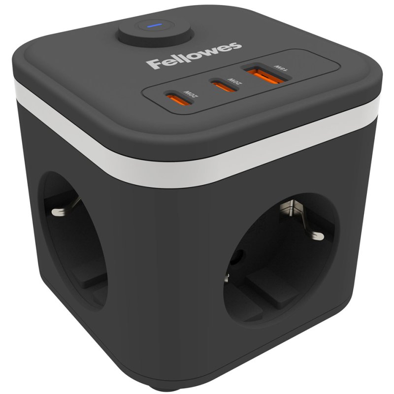 Fellowes power strip Power Cube, 3 sockets, USB-A and 2x USB-C, white