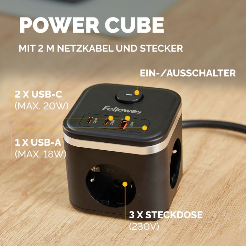 Fellowes power strip Power Cube, 3 sockets, USB-A and 2x USB-C, white