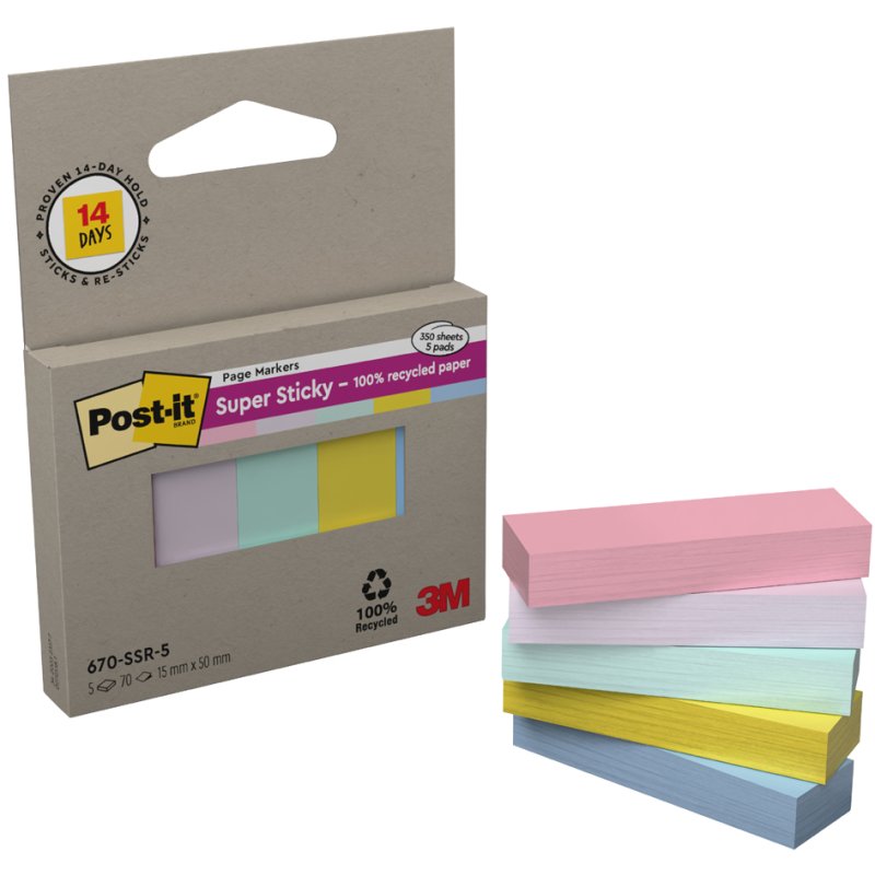 Post-it Super Sticky bloc-notes adhésifs, 15×50 mm, 5 couleurs pastel, 5 blocs