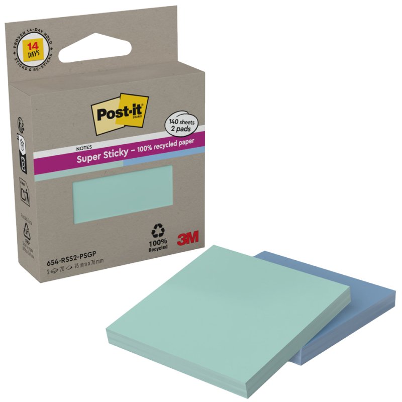 Post-it notes adhésives super sticky Recycling notes, 76×76 mm, rose/jaune, 2 blocs