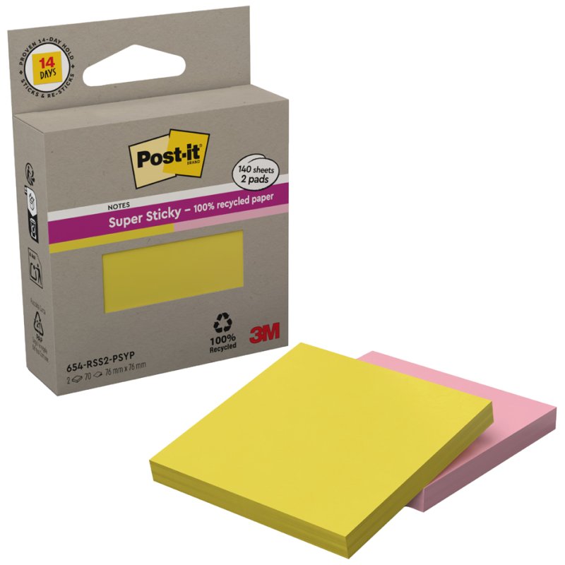 Post-it notes adhésives super sticky Recycling notes, 76×76 mm, rose/jaune, 2 blocs