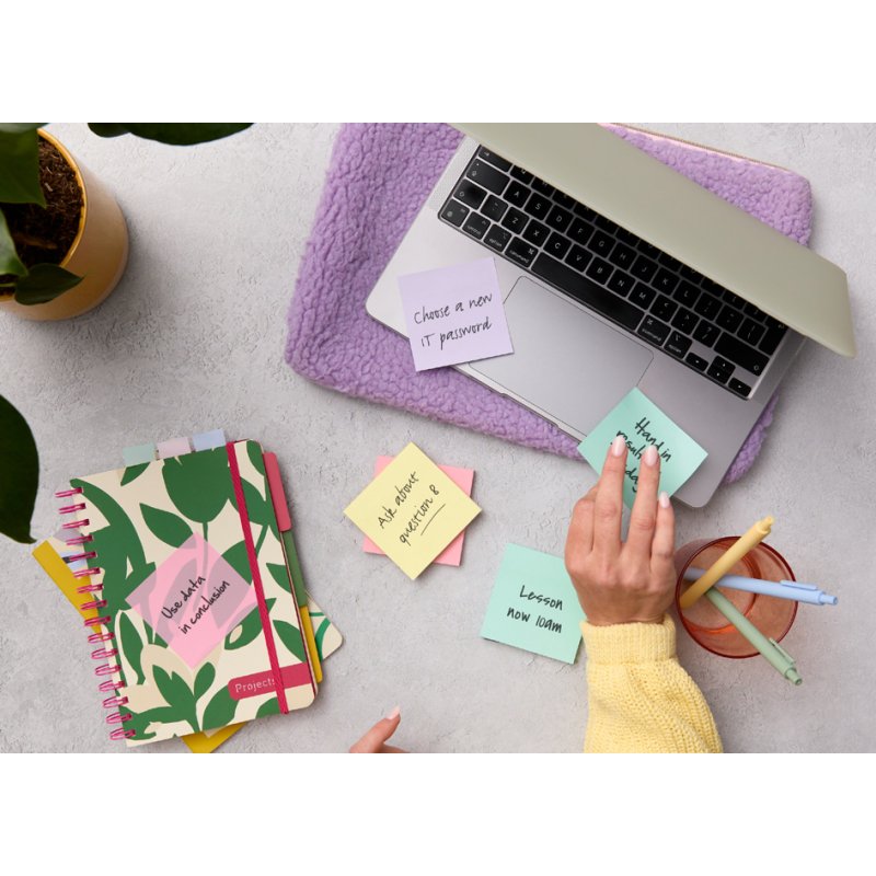 Post-it notes adhésives super sticky Recycling notes, 76×76 mm, rose/jaune, 2 blocs