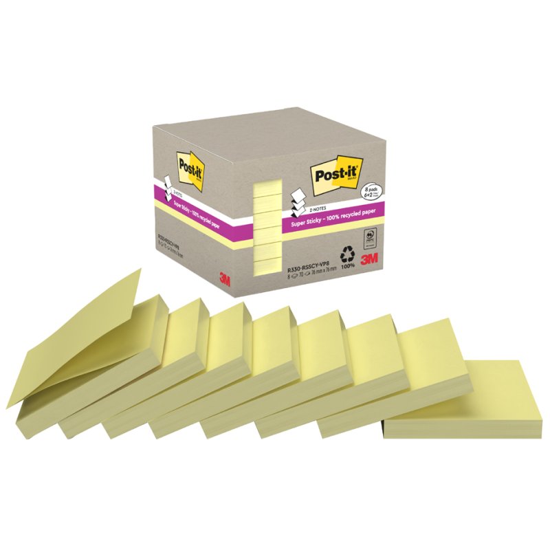 Post-it notitieblokjes super sticky recycling, 76×76 mm, geel, 8 blokken