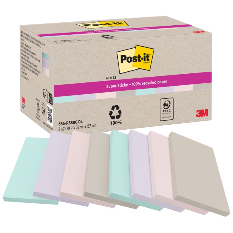 Post-it notes Super Sticky Recycling, 76×127 mm, couleurs pastel, 8 blocs
