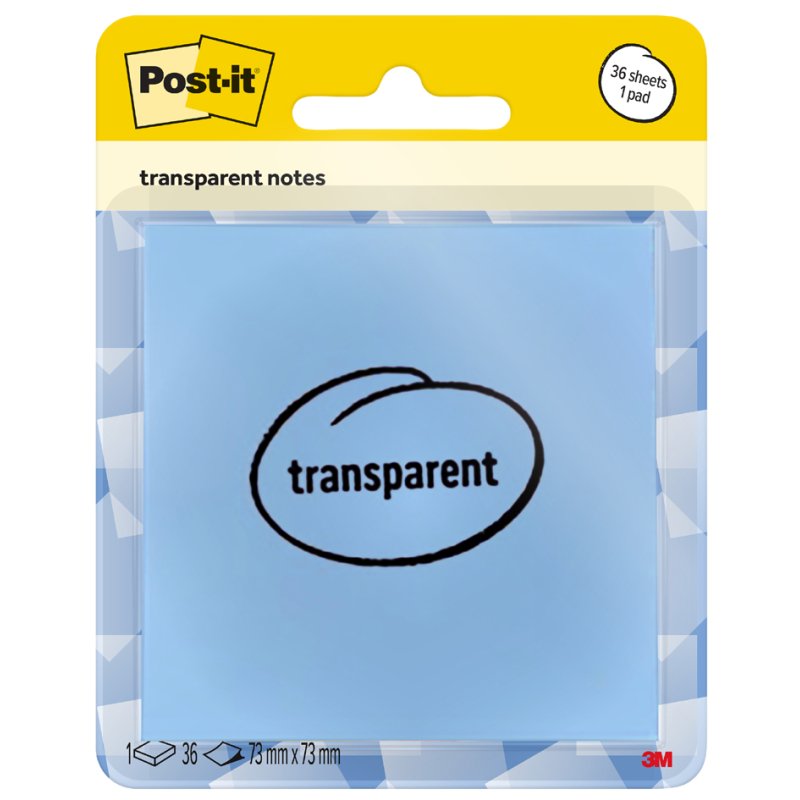 Post-it notes autocollantes transparent, 73×73 mm, transparent-bleu, 36 feuilles