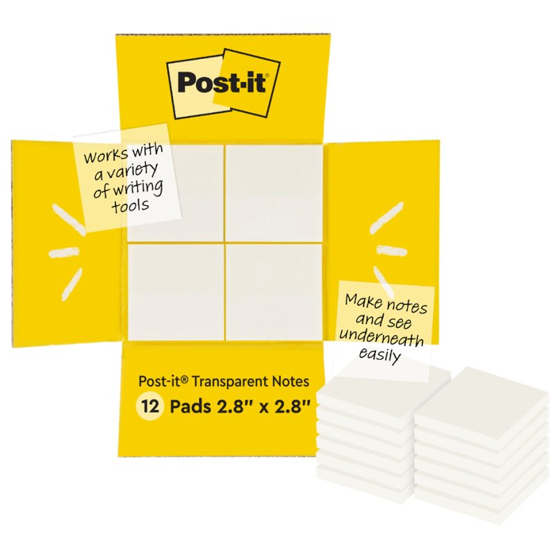 Post-it notes repositionnables transparentes, 73×73 mm, 12 blocs