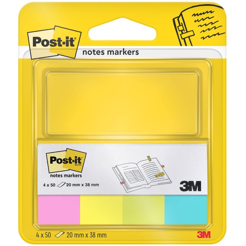 Post-it paginavlaggetjes neon, 20×38 mm, 4 kleuren, 4×50 vel