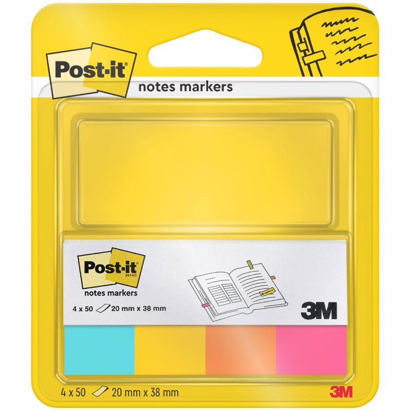 Post-it paginavlaggetjes neon, 20×38 mm, 4 kleuren, 4×50 vel
