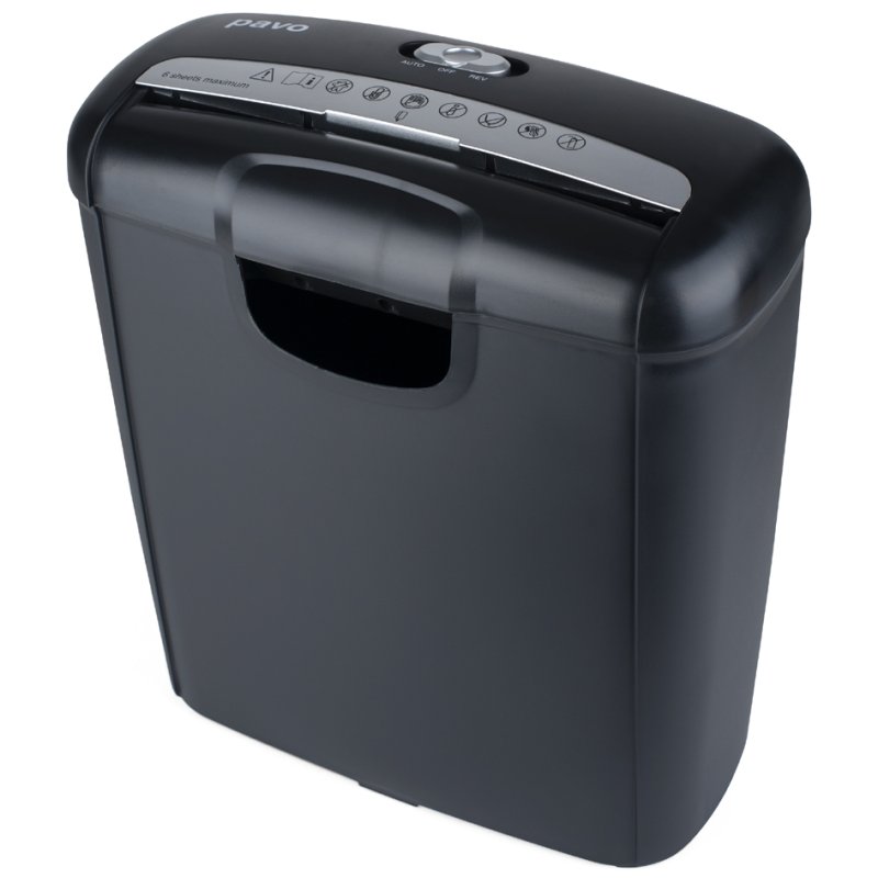 pavo papiervernietiger Stripcut 6, 6 vel A4, 10 liter opvang, zwart