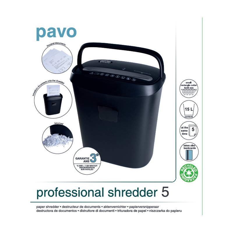 pavo papiervernietiger Crosscut 5, 5 vel A4, 15 liter opvang, zwart