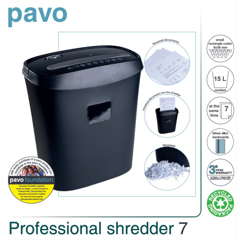 pavo papiervernietiger Crosscut 7, 7 vel A4, 15 liter, zwart