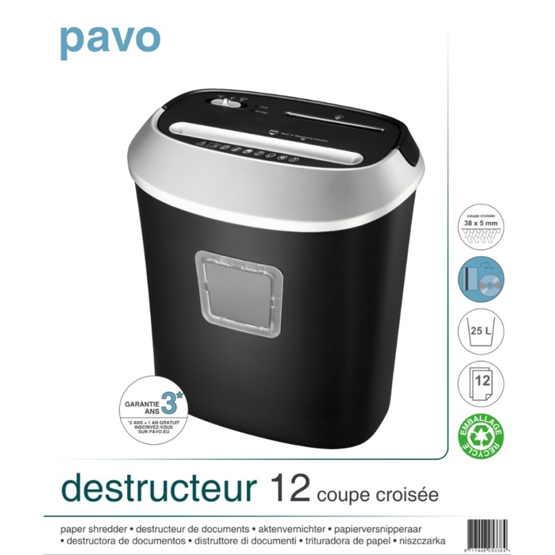 pavo destructeur de papier Crosscut 12, 12 feuilles A4, 25 litres, noir/argent
