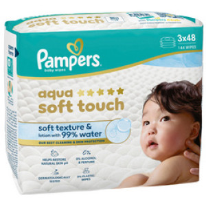 Pampers babydoekjes aqua soft touch, 99% water, 3×48 stuks