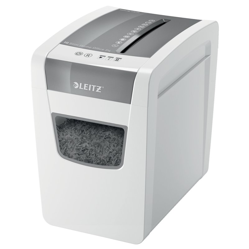 LEITZ papiervernietiger IQ Home Office Slim, P-4 partikelsnit, 10 vel, wit/zilver