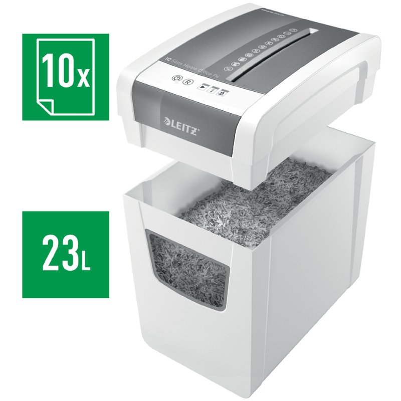 LEITZ papiervernietiger IQ Home Office Slim, P-4 partikelsnit, 10 vel, wit/zilver