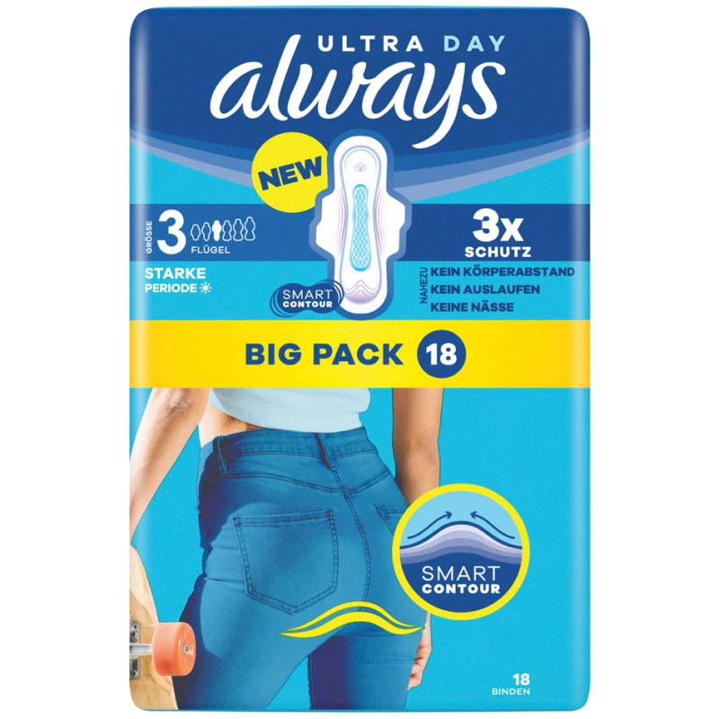 Always damesverband Ultra Day Long Plus, maat 3, met vleugels, 18 stuks