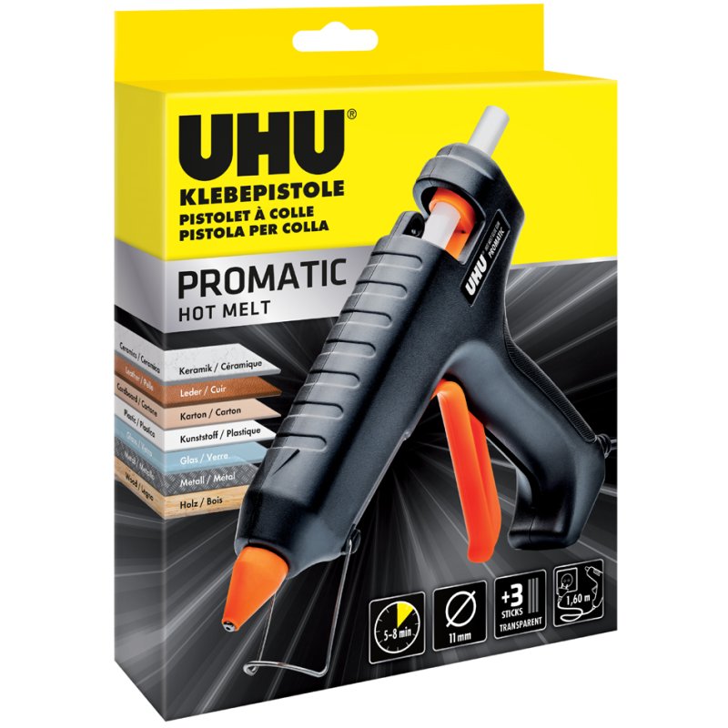UHU pistolet à colle Promat, 25 Watt, noir/orange, incl. 3 cartouches