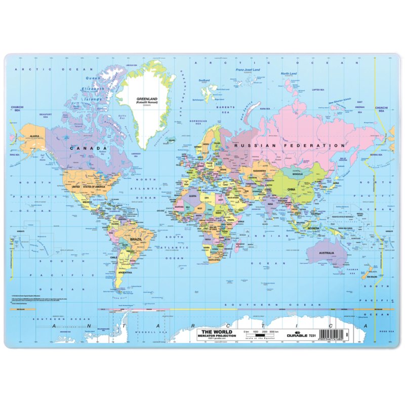 DURABLE sous-main Carte du monde, 500 × 380 mm, anglais, PP