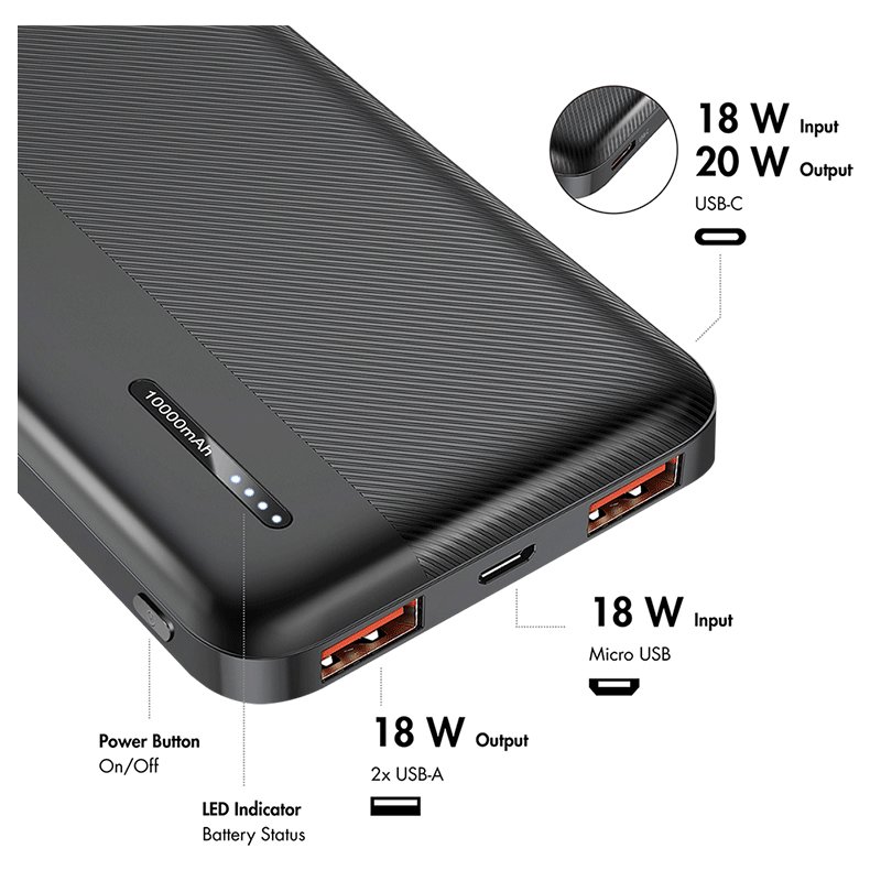 LogiLink power bank, 10,000 mAh, 2x USB-A & 2x USB-C, white