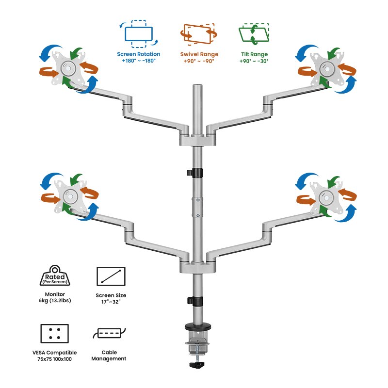 LogiLink quad monitor arm BP0211, with clamp, 17-32 inch, silver