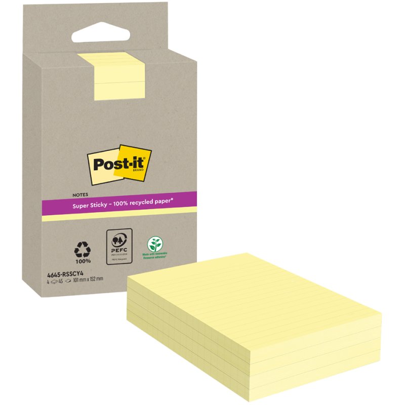 Post-it Super Sticky bloc-notes adhésifs, 101×152 mm, assortis colorés, 4 blocs