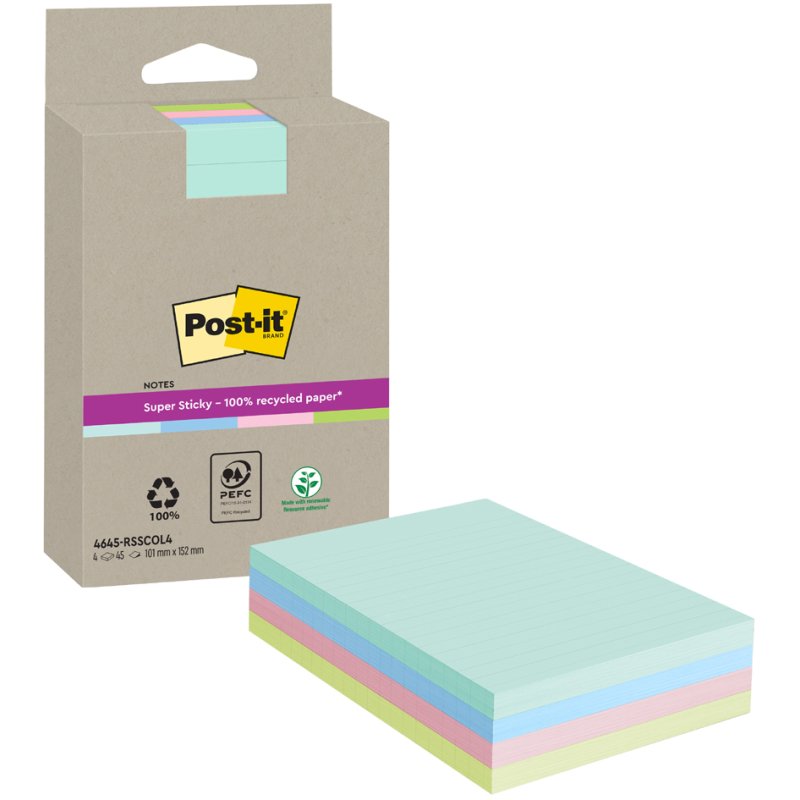 Post-it Super Sticky bloc-notes adhésifs, 101×152 mm, assortis colorés, 4 blocs