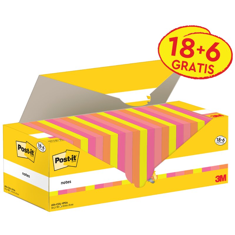 Post-it notes, 76×76 mm, assortiment couleurs, 24 blocs
