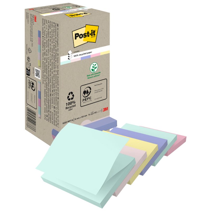 Post-it Notes repositionnables Recycling Z-notes, 76×76 mm, couleurs pastels, 16 blocs