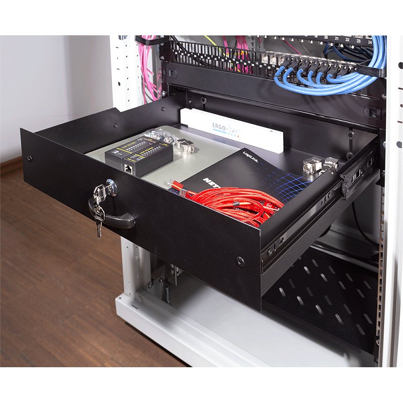 LogiLink Tiroir professionnel pour baie, 2 HE, verrouillable, noir
