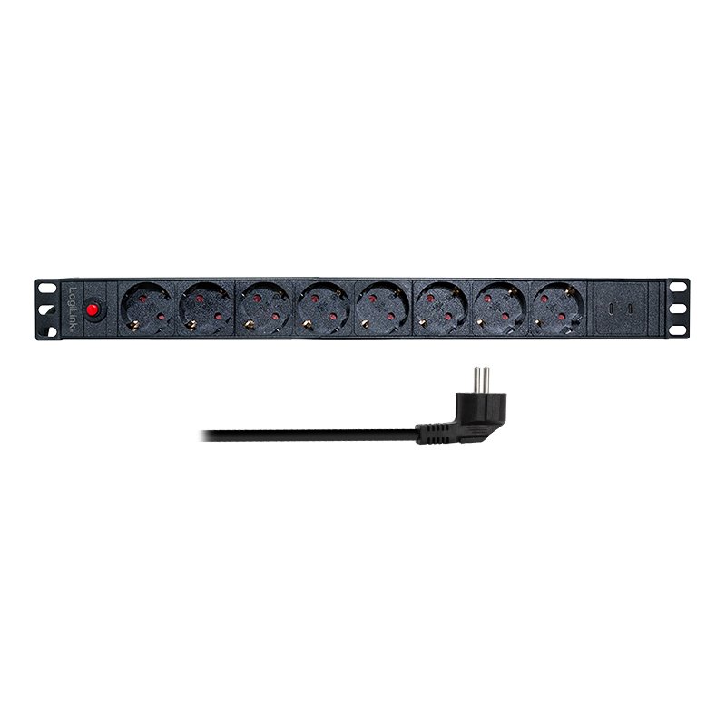 LogiLink Professional 19" 8-way power strip, black, 8 sockets + 2 USB-C