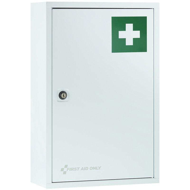 FIRST AID ONLY EHBO-kast, afsluitbaar, wit gelakt metaal, 300×140×460 mm