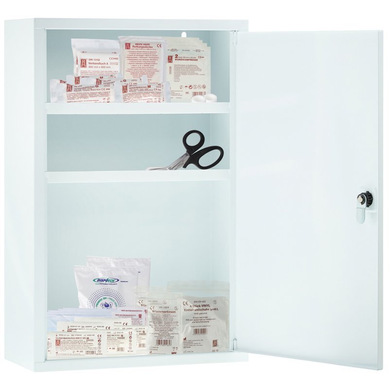 FIRST AID ONLY EHBO-kast, afsluitbaar, wit gelakt metaal, 300×140×460 mm