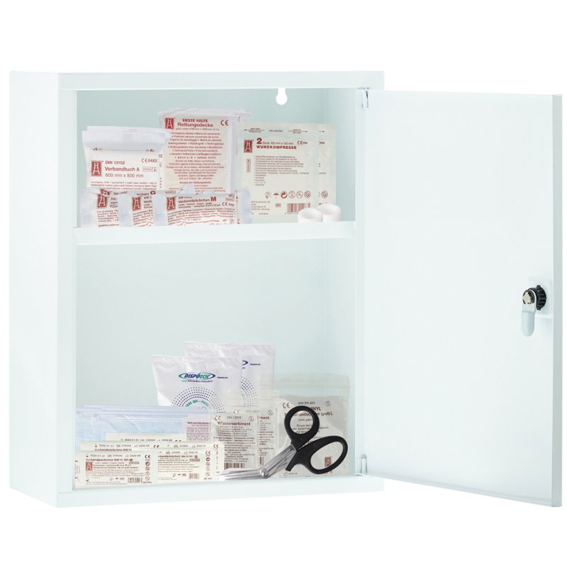 FIRST AID ONLY EHBO-kast DIN 13169, wit gelakt metaal, afsluitbaar, 300×140×370 mm