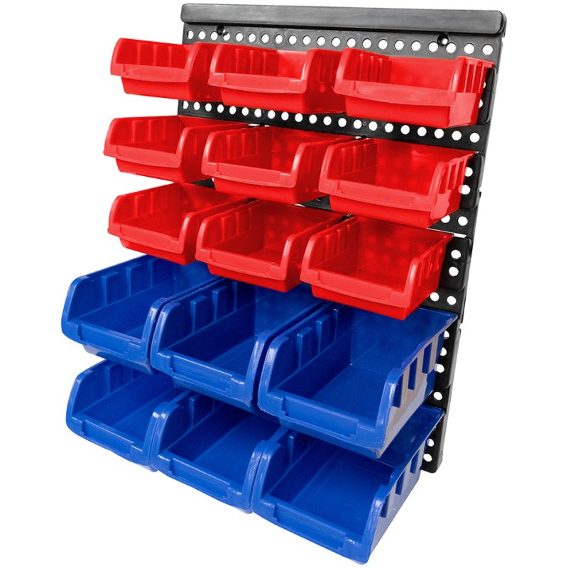 BRÜDER MANNESMANN small parts storage system, black/red/blue, wall-mounted, plastic, 15-piece