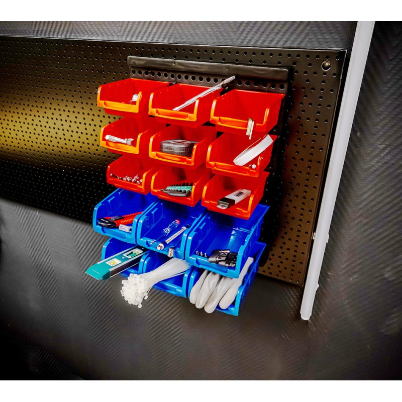 BRÜDER MANNESMANN small parts storage system, black/red/blue, wall-mounted, plastic, 15-piece