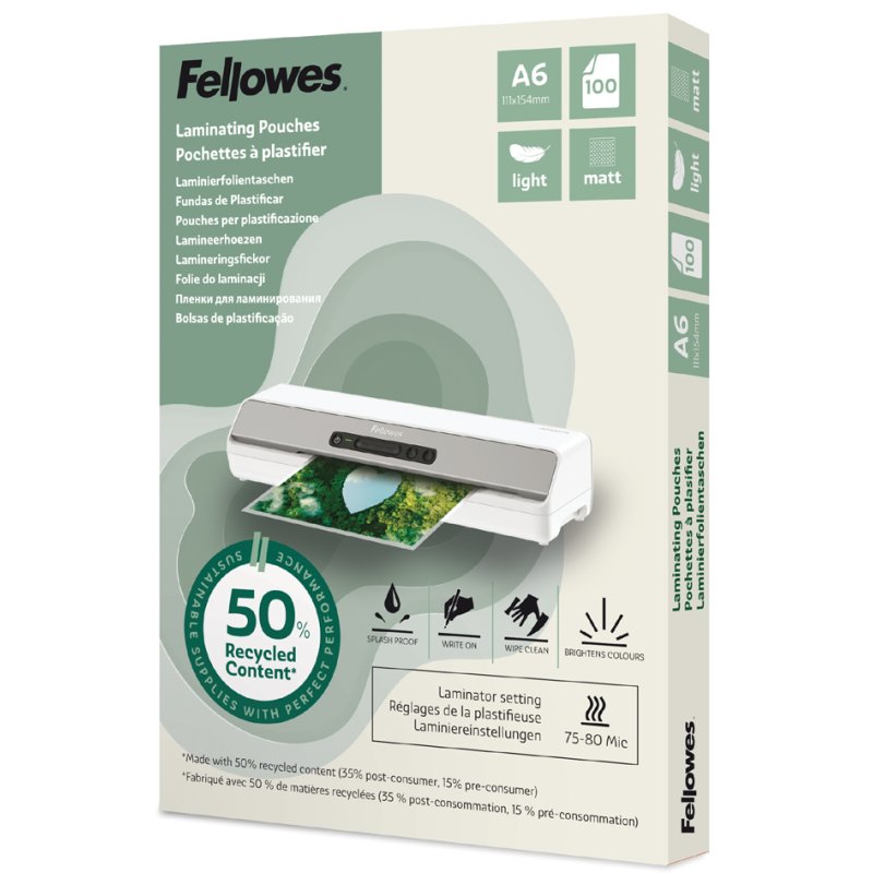Fellowes pochettes de plastification A6, mat, 160 mic, 100 pièces