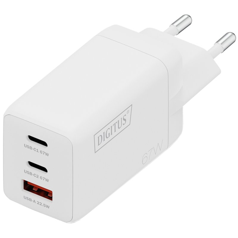 DIGITUS Chargeur USB GaN, 2x USB-C + 1x USB-A, 67W, blanc